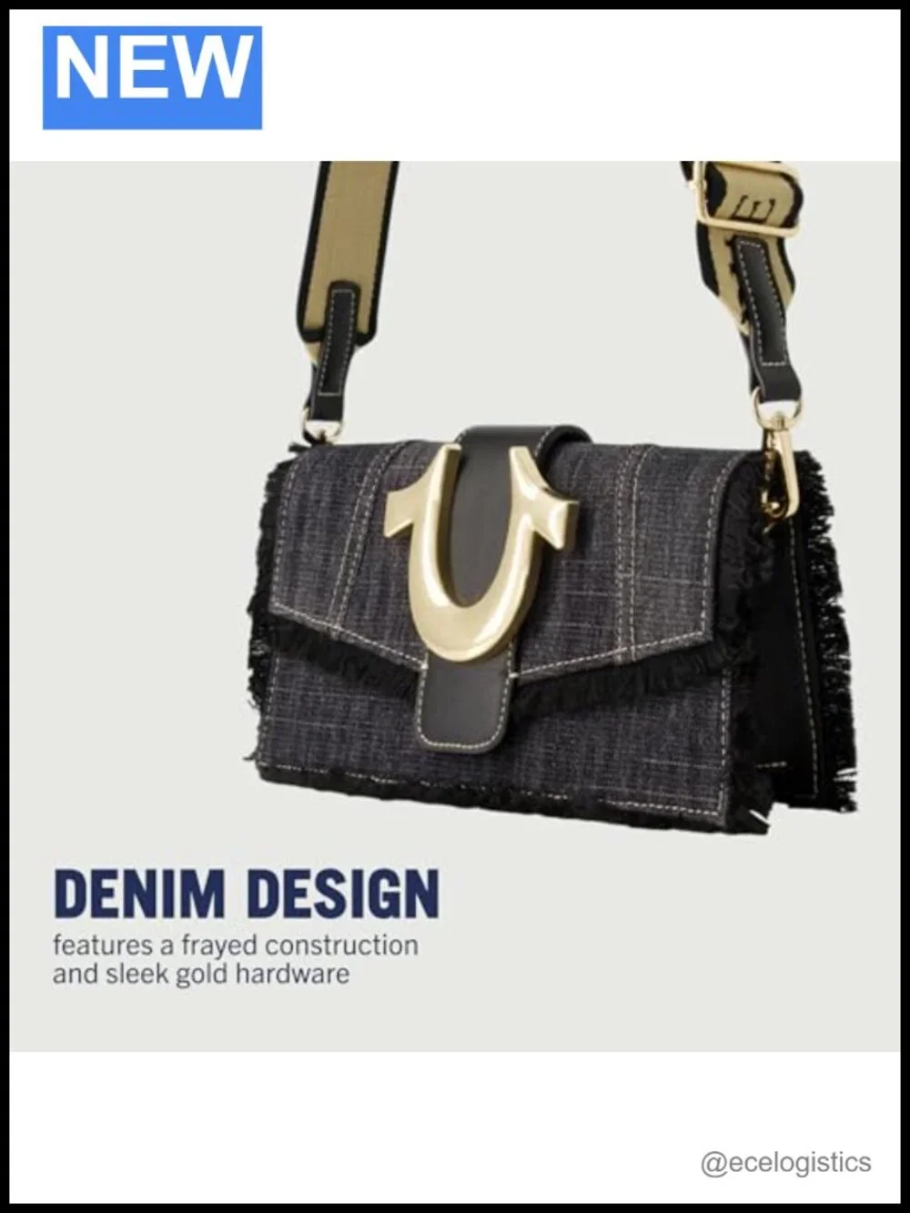 Crossbody Bag with Frayed Denim and Gold Hardware, Adjustable Strap, Magnetic